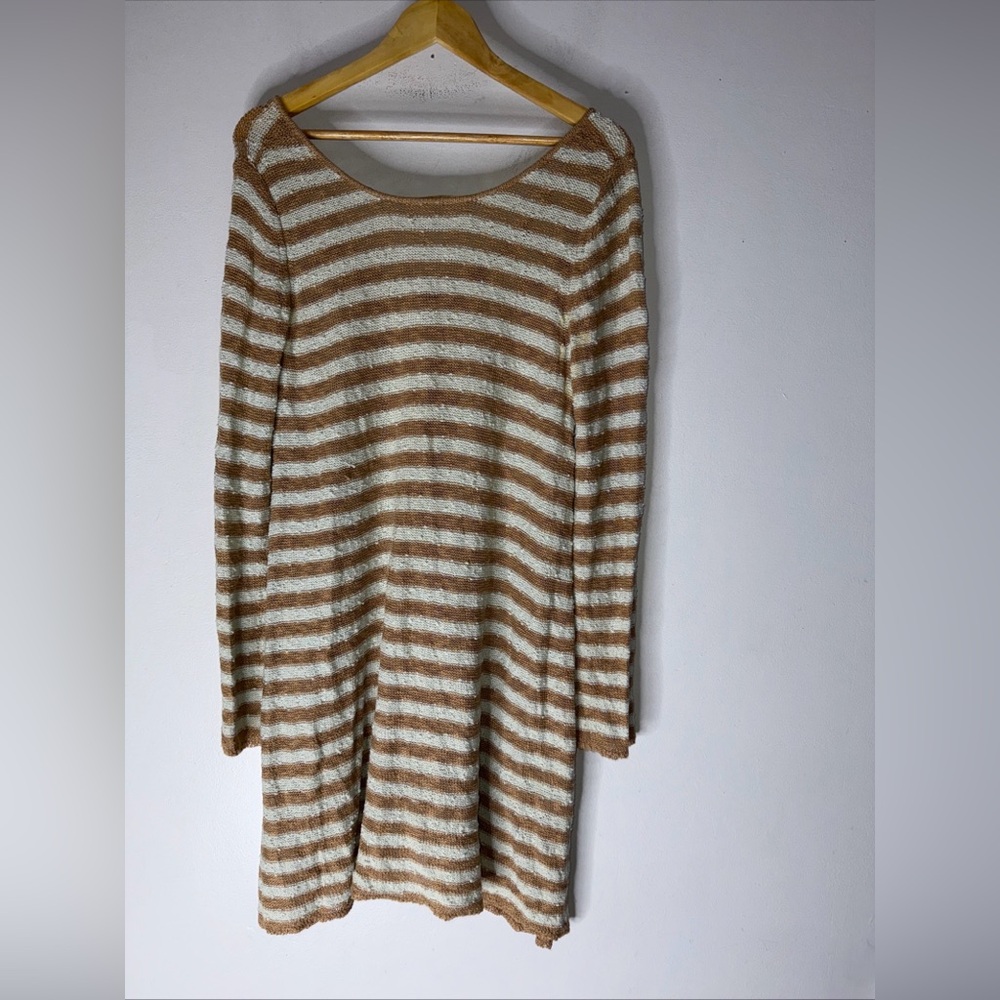Free People Stripe Swing Tunic Dress Scoop Neck Long Sleeve Knit Mint Camel Smal